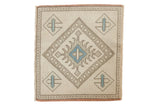 Hand knotted Distressed Oushak square rug, ivory, silver, powder blue geometric design, 2'3