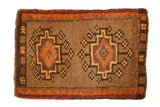 Vintage Oushak rug mat, double medallions on abrashed camel brown, tangerine, plum, saffron. 1'7