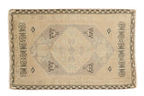Vintage distressed Oushak rug, central quatrefoil medallion, antique ivory, beige, soft green. 1'6