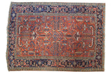 Vintage Persian Heriz carpet, allover geometric-floral design, brick red and navy, 6'4