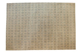 Distressed Vintage Oushak carpet, allover antique ivory with dark teal floral lattice.