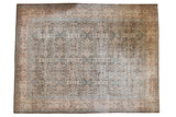 Distressed Sivas rug, allover floral palmette and vinery motif in charcoal, rose, and teal.