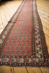 A full-length perspective of the vintage Persian runner's madder red boteh pattern and intricate borders.