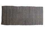 Vintage Moroccan Kilim rug runner, striped with geometric checker and arrow motifs; black, charcoal, ivory.