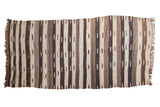 Vintage Moroccan Kilim runner with natural ivory and chocolate brown striped pattern, inset dashes, 5' x 10'3