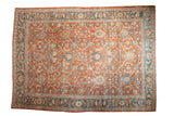 Vintage Distressed Mahal rug, allover terracotta rust floral lattice, dusty teal and ivory accents.
