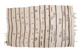 Vintage Moroccan Kilim rug with natural ivory and chocolate brown stripes, pictorial motifs.