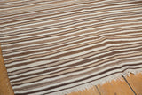 Vintage Moroccan Kilim rug with striated brown, beige flat weave and fringe.
