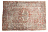 Vintage Distressed Karaja rug, triple geometric medallion, dusty brick red, charcoal, pale green.