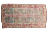 Vintage Distressed Oushak rug runner, maze pattern with raspberry red, sky blue, and ivory.