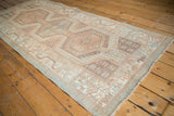 Distressed Serab runner's geometric medallions in pale blue and coffee tones, with even wear.