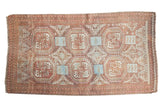 Vintage distressed Belouch rug, faded cranberry, powder blue geometric guls, low pile, 3'7