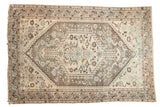 Distressed vintage Shiraz rug with neutral geometric medallion, ivory, pewter, and powder blue, 4'4
