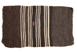 Vintage Turkish Kilim rug, charcoal and ivory stripes, orange embroidered detail, 2'4