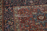 Vintage Karaja rug with intricate geometric patterns, black cherry red, indigo blue, and isolated wear.