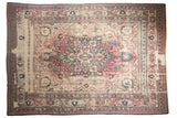 Antique distressed Persian Khorassan carpet, floral medallion, ivory, navy, fuscia, 9'8