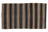 Vintage Turkish Kilim runner with neutral charcoal black and khaki stripes, hand woven, 2x4.