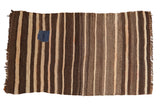 Vintage Moroccan Kilim with varied charcoal brown and beige stripes, charming blue patch, 2'3