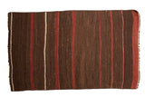 Vintage Turkish Kilim rug featuring coffee brown, wine red, ivory vertical stripes, 2'5