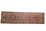 Vintage Sarouk runner: dark navy allover floral field with brick red and ivory tones, 3'7