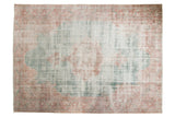 Distressed vintage Turkish Sparta rug, ocean green medallion, oversized finials, blush rose borders, 9x12.