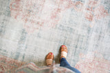 Textured vintage distressed Sparta carpet with faded blush, rose, and ocean green.