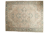 Distressed Vintage Mehrivan carpet, Heriz medallion, geometric florals, faded beige, teal, brown.