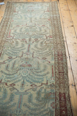 Distressed vintage Malayer runner, central expressive willow motif with powder blue and wine red.