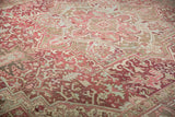 Distressed geometric floral patterns and serrated leaves in raspberry, ivory, and pale bronze tones.