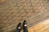 Distressed vintage Kurdish runner, charcoal ground, pale tree of life plants, pawn border.