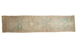 Vintage Distressed Heriz runner, muted seafoam green and beige multi-medallions with complex motifs.