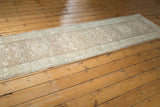 Geometric vinery patterns in coffee brown and antique ivory on vintage Karaja runner.