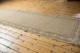 Distressed vintage Mir Serbend runner, ivory and chocolate brown repeating Mir Boteh pattern.