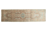 Distressed vintage Serab runner, geometric triple medallion in soft neutrals and powder blue, 2'11