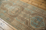 Distressed powder blue geometric motifs and brown patterns on a vintage Serab runner.