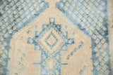 Distressed geometric pattern detail with khaki and faded indigo blue on vintage Sivas rug.