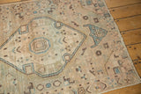 Vintage distressed Hamadan rug, low pile with knot heads, geometric patterns in beige, blue.