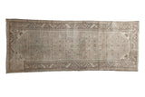 Distressed Hamadan runner rug, allover heart motif, serrated leaf border, neutral ivory and charcoal.