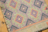 Detail of embroidered Jijim rug with geometric mauve, purple, and sea foam motifs.