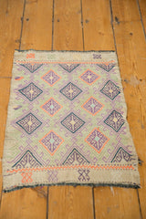 Jijim rug corner: short fringe, ivory border, geometric patterns in purple, orange, green.