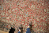 Distressed vintage Heriz carpet, geometric pattern with textured pile, blush, ivory, dusty blue.