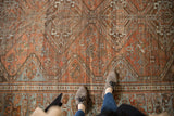 Vintage distressed Afshar rug featuring chestnut rust, pale blue geometric patterns, and mostly even wear.