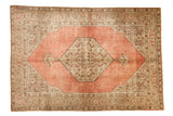 Distressed vintage Tabriz carpet with dusty blush rose field, Herati medallion, Samovar border, 6x9.