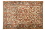 Distressed vintage Mehrivan carpet, central medallion, Samovar border, ivory, terracotta, teal hues.