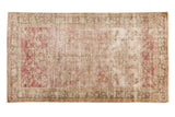 Vintage Distressed Sivas rug, faded allover floral bouquets in raspberry red and dusty green, 4'3