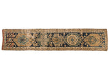Antique Northwest Persian runner features navy, green, sand geometric medallions with age patina.