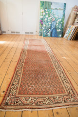 Vintage Mir Serbend rug runner corner with brick red mir boteh, ivory border, low pile.