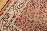 Vintage Mir Serbend rug with brick red mir boteh pattern, ivory geometric border, and low pile.