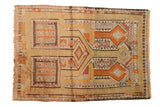 Vintage Distressed Turkish Jijim rug, geometric germinating plant motif, saffron, gold, tangerine, charcoal.