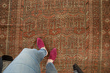 Repeating madder red and charcoal germinating plant motif with intricate multi-stripe borders.
